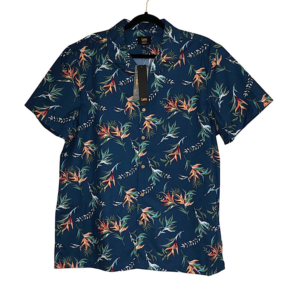 Lee Cotton Blue Yellow Orange Hawaiian Print Casual Summer Classic Fit Shirt L